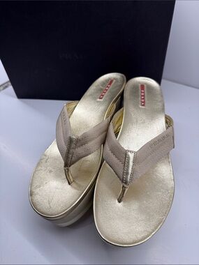 Prada Metallic Gold Platform Thong Sandals with Beige Straps